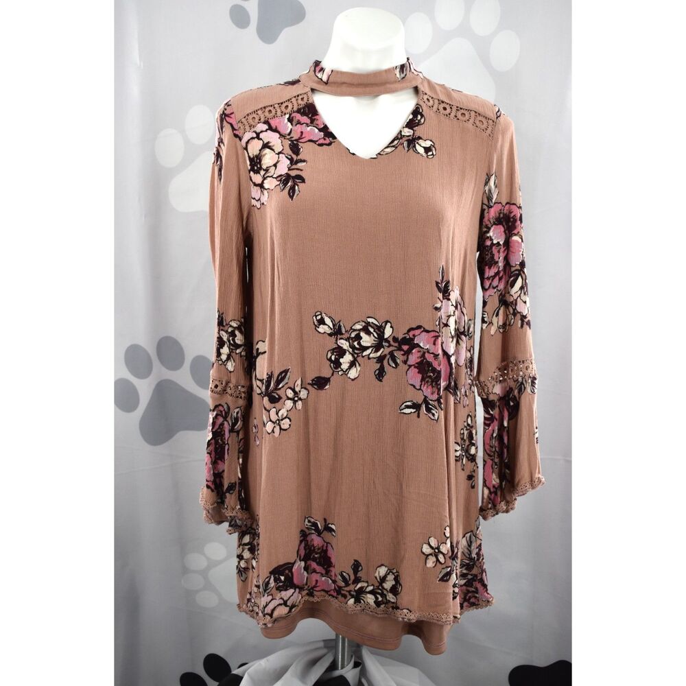 Altar'd State Long Sleeve Floral Cut Out Choker V Neck Mini Dress Dusty Pink Med